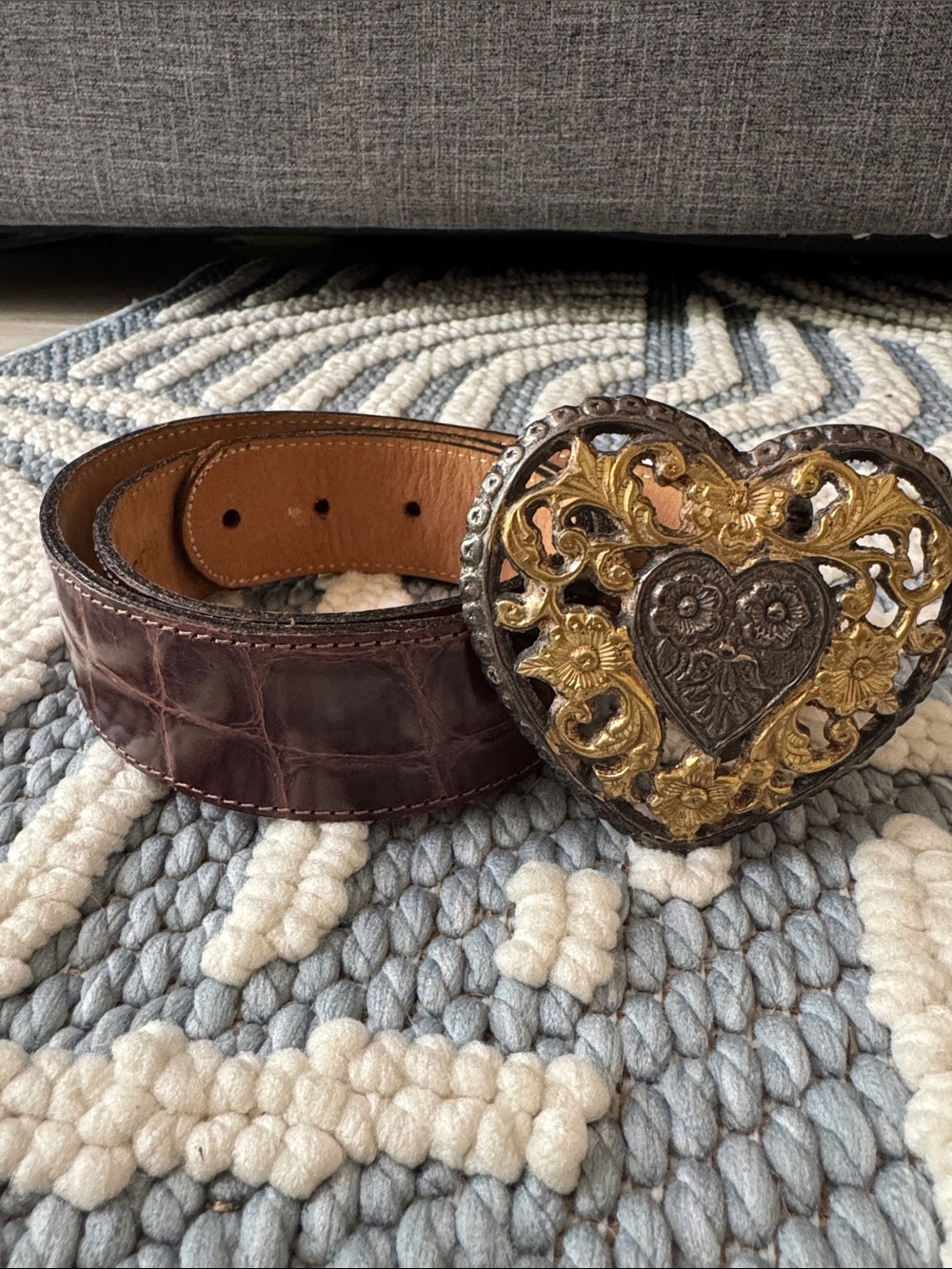 Vintage Streets Ahead Leather Belt Rare Openwork Face Buckle Brown Croc Embossed